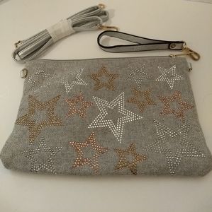 NWOT Clutch, Wristlet, Crossbody Bag Star Studded Faux Leather Gray/Silver